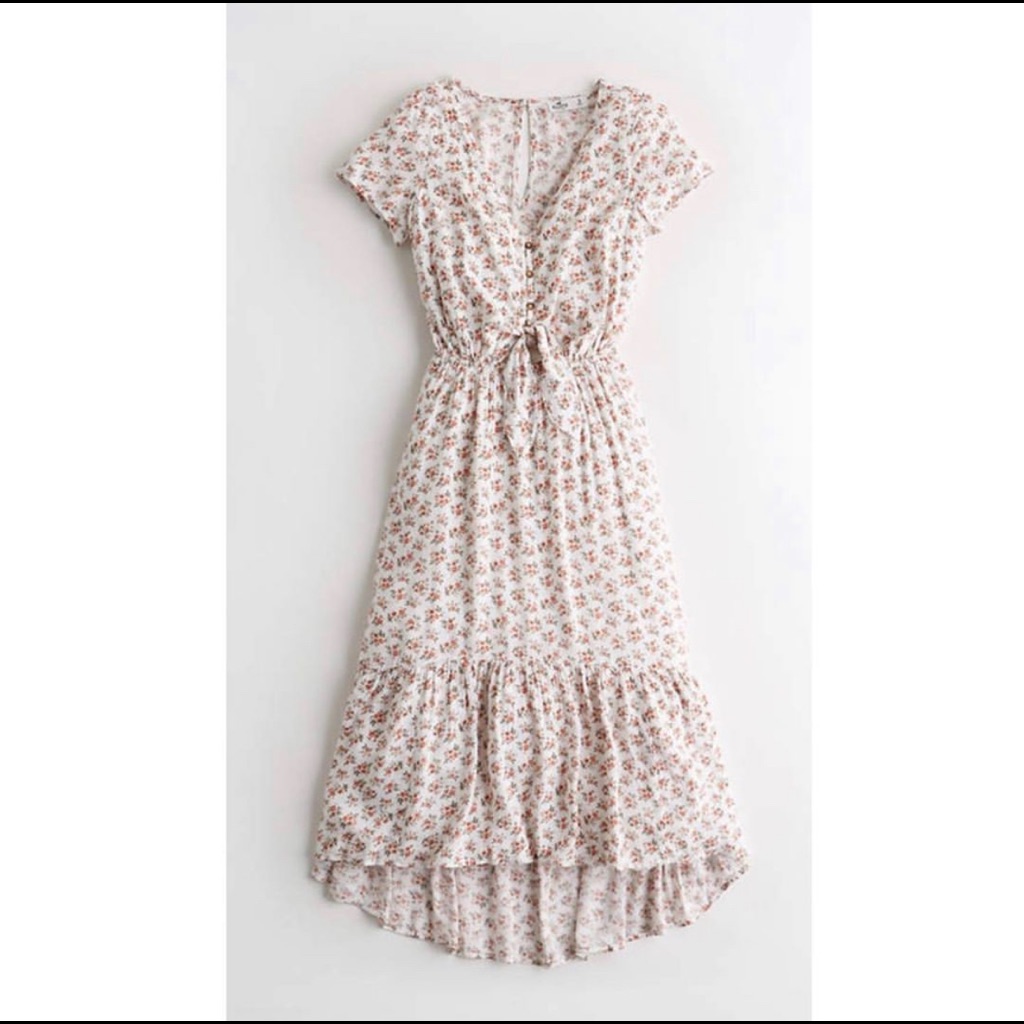 White Floral Cap-Sleeve Ruffle-Hem Midi Dress
